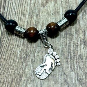 Handmade Antique Silver Bigfoot Necklace with Black Leather Cord!